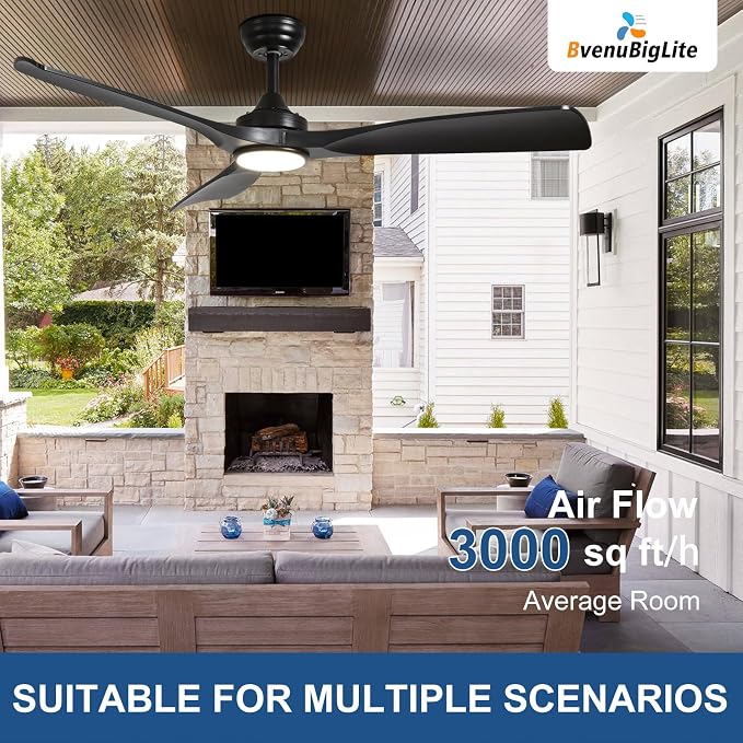 Outdoor Ceiling Fan with Light: 52 Inch 3 Blade Outdoor Fans for Patios - Modern Black Ceiling Fan with Dimmable Light Remote