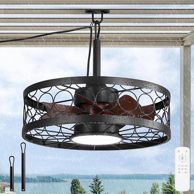 Outdoor Ceiling Fan with Light and Remote,Waterproof Gazebo Fan with Hanging Hook,6 Speeds, 3CCT, 20 Inch Caged Plug in
