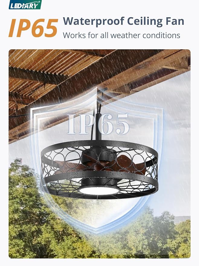 Outdoor Ceiling Fan with Light and Remote,Waterproof Gazebo Fan with Hanging Hook,6 Speeds, 3CCT, 20 Inch Caged Plug in