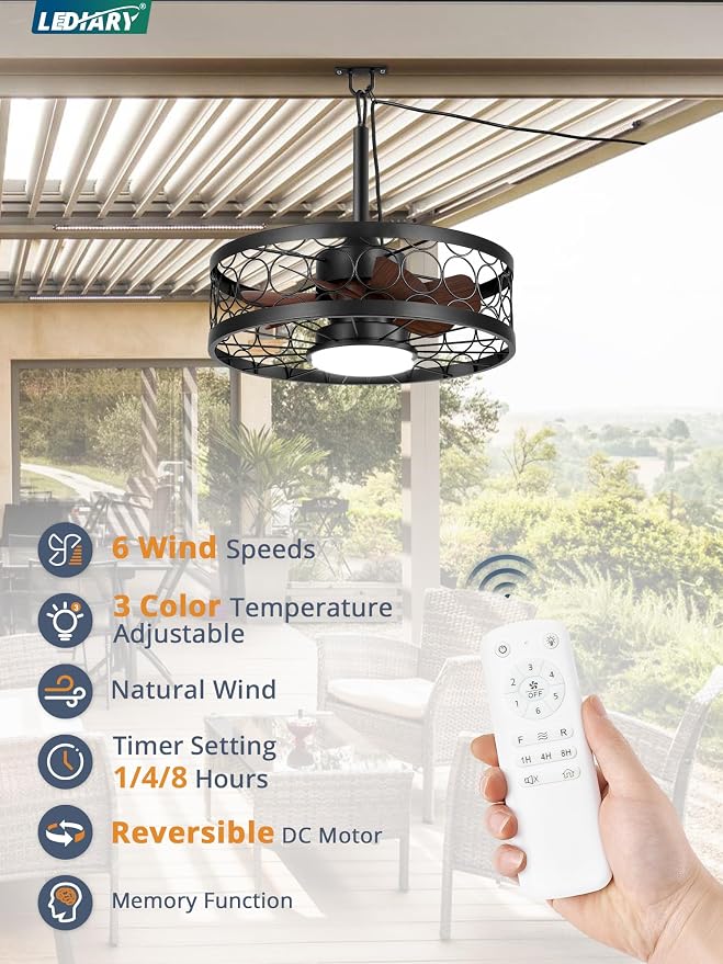 Outdoor Ceiling Fan with Light and Remote,Waterproof Gazebo Fan with Hanging Hook,6 Speeds, 3CCT, 20 Inch Caged Plug in
