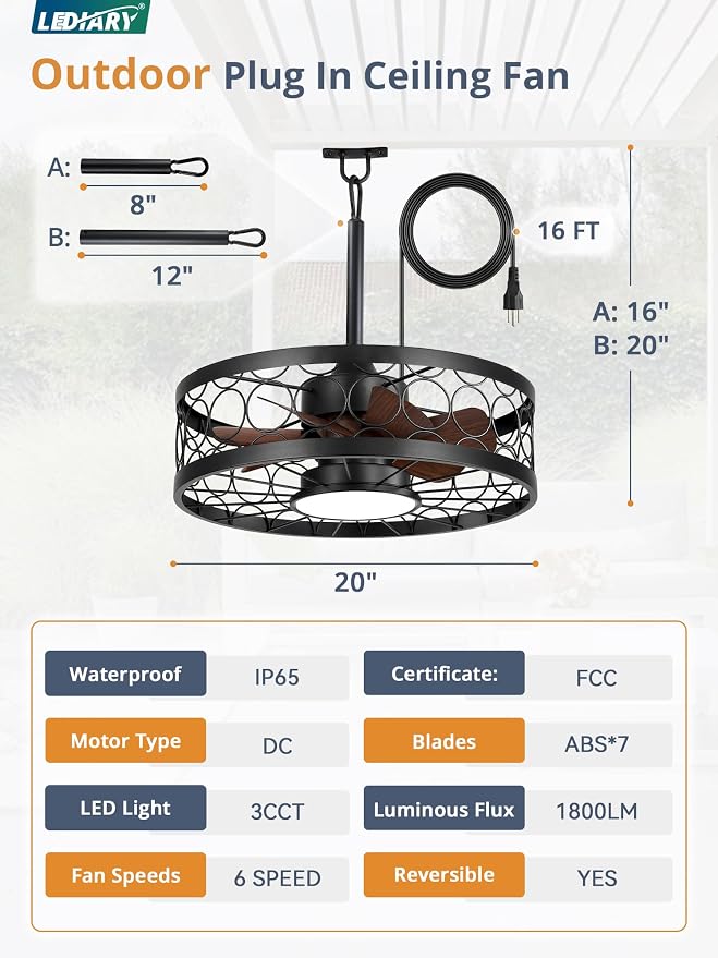 Outdoor Ceiling Fan with Light and Remote,Waterproof Gazebo Fan with Hanging Hook,6 Speeds, 3CCT, 20 Inch Caged Plug in