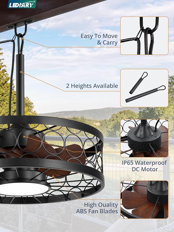 Outdoor Ceiling Fan with Light and Remote,Waterproof Gazebo Fan with Hanging Hook,6 Speeds, 3CCT, 20 Inch Caged Plug in