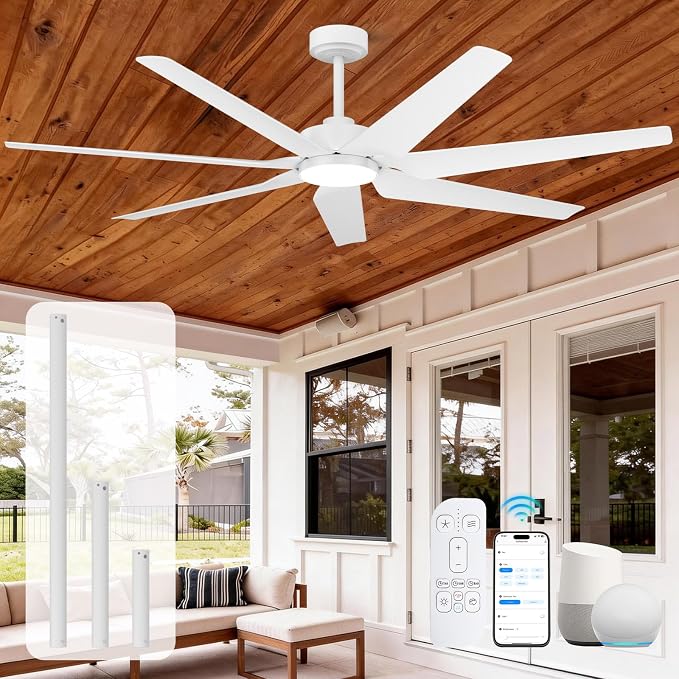 Outdoor Ceiling Fan with Light for Patio Damp Rated, Modern Smart Ceiling Fans with Alexa/App/Remote Control, 7