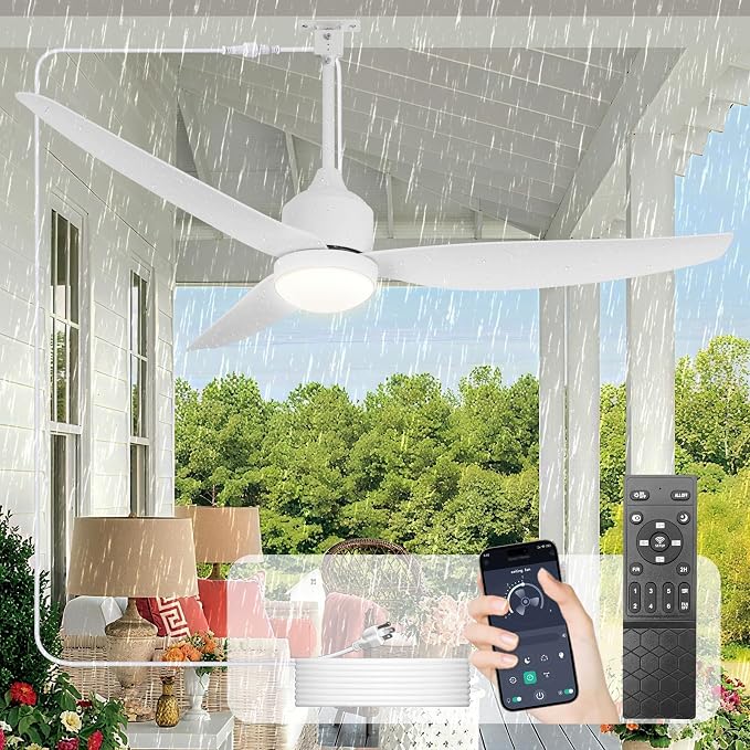Outdoor Ceiling Fan with Light: Wet Rated Ceiling with Remote Quiet DC Motor - Plug in Ceiling Fans with Cord for Patios