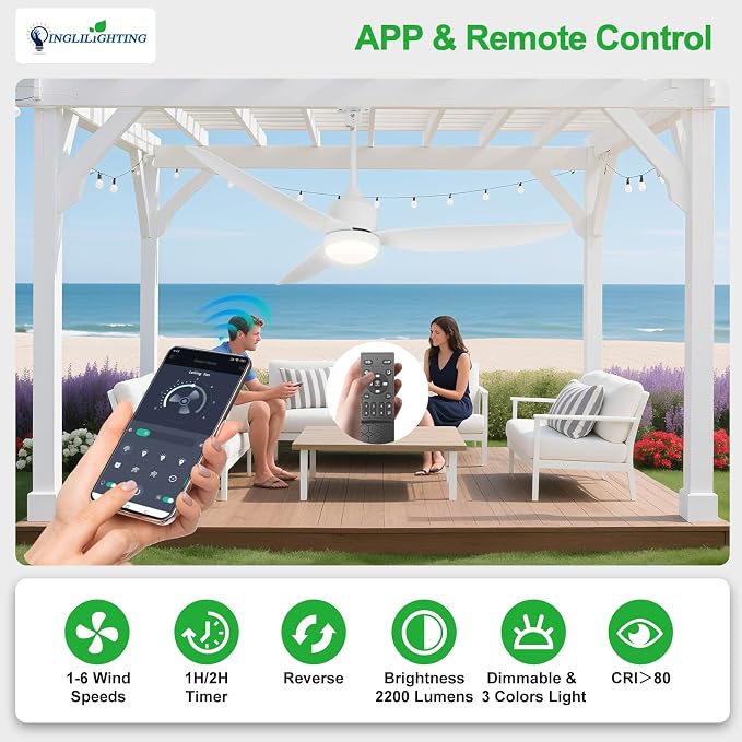 Outdoor Ceiling Fan with Light: Wet Rated Ceiling with Remote Quiet DC Motor - Plug in Ceiling Fans with Cord for Patios