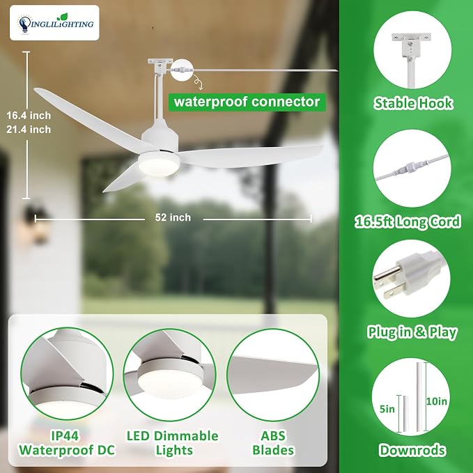 Outdoor Ceiling Fan with Light: Wet Rated Ceiling with Remote Quiet DC Motor - Plug in Ceiling Fans with Cord for Patios