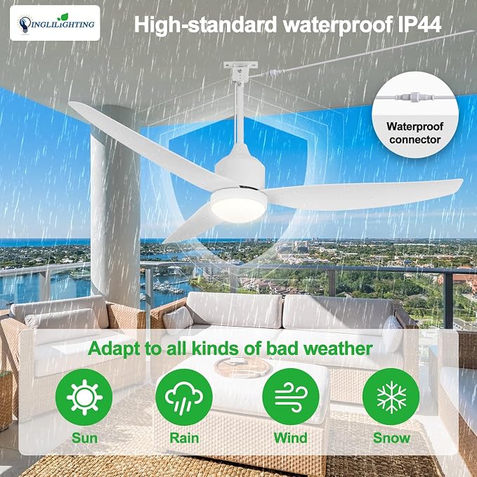 Outdoor Ceiling Fan with Light: Wet Rated Ceiling with Remote Quiet DC Motor - Plug in Ceiling Fans with Cord for Patios