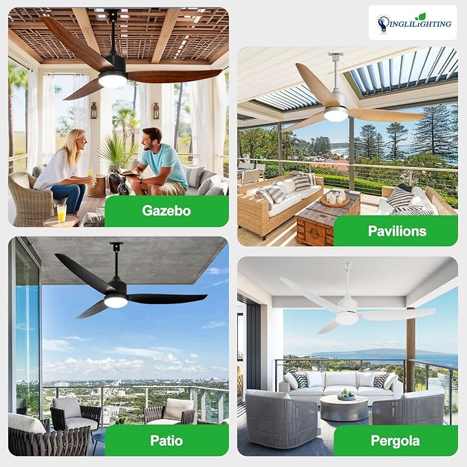 Outdoor Ceiling Fan with Light: Wet Rated Ceiling with Remote Quiet DC Motor - Plug in Ceiling Fans with Cord for Patios