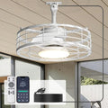 Outdoor Ceiling Fan with Lights - 16'' Antique White Distressed Wet Rated Gazebo Fan Remote/APP Control, Caged Hanging Fan