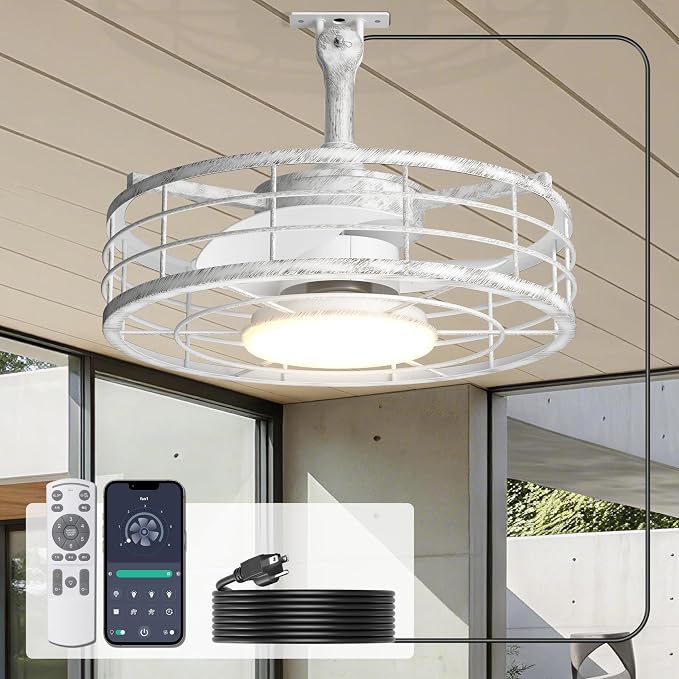 Outdoor Ceiling Fan with Lights - 16'' Antique White Distressed Wet Rated Gazebo Fan Remote/APP Control, Caged Hanging Fan