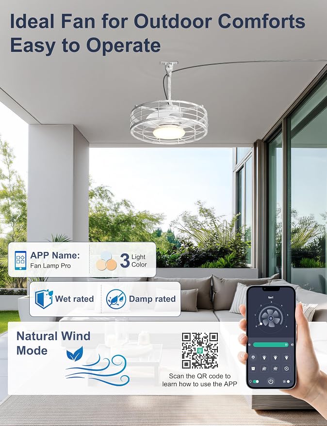 Outdoor Ceiling Fan with Lights - 16'' Antique White Distressed Wet Rated Gazebo Fan Remote/APP Control, Caged Hanging Fan