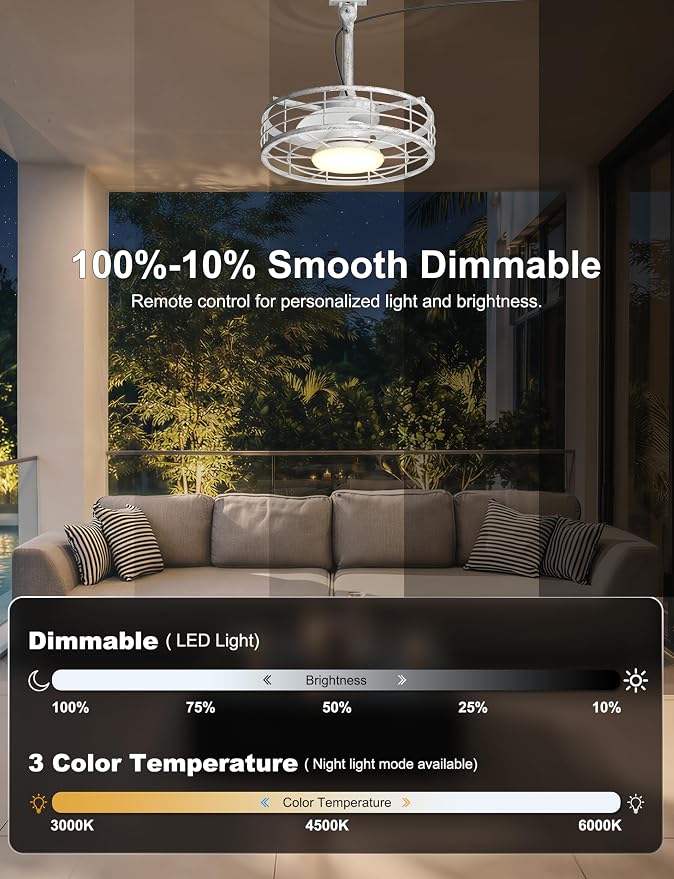 Outdoor Ceiling Fan with Lights - 16'' Antique White Distressed Wet Rated Gazebo Fan Remote/APP Control, Caged Hanging Fan