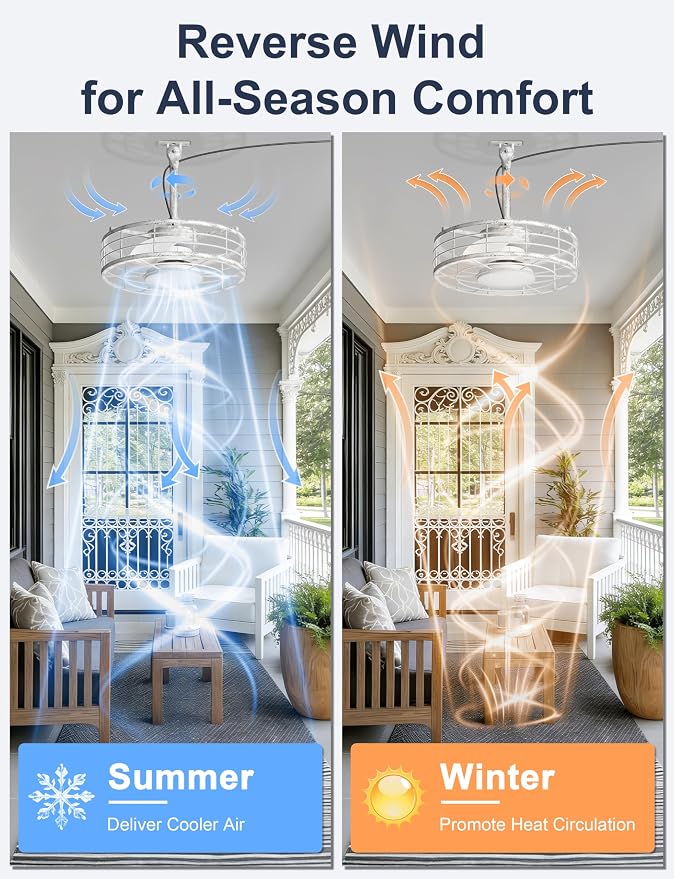 Outdoor Ceiling Fan with Lights - 16'' Antique White Distressed Wet Rated Gazebo Fan Remote/APP Control, Caged Hanging Fan