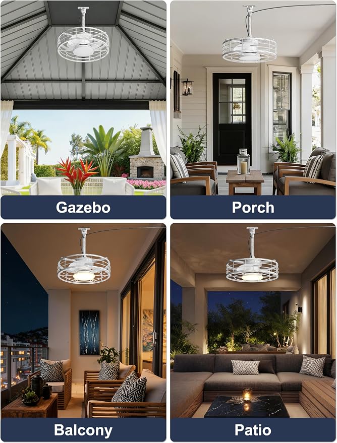Outdoor Ceiling Fan with Lights - 16'' Antique White Distressed Wet Rated Gazebo Fan Remote/APP Control, Caged Hanging Fan