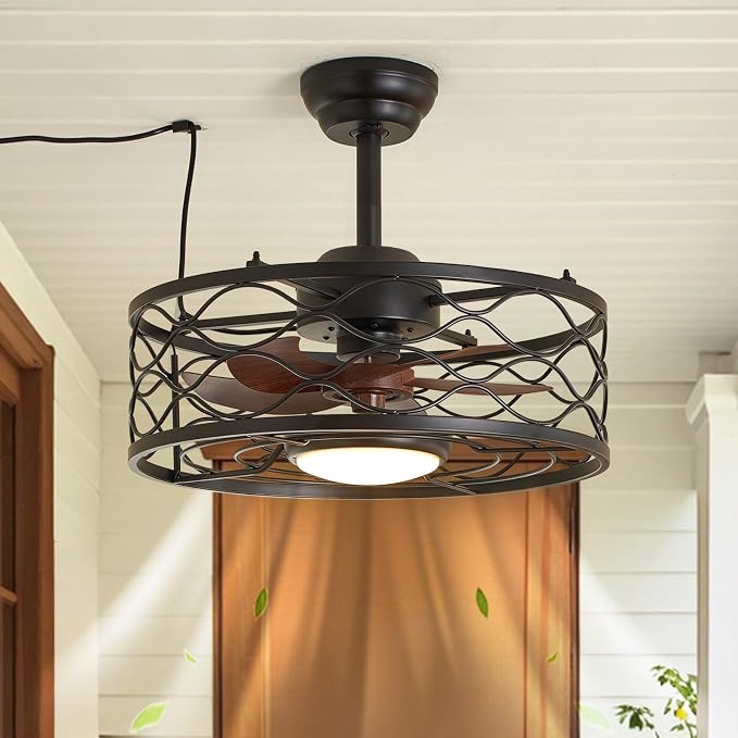 Outdoor Ceiling Fan with Lights, 20" Gazebo Fan IP65 Waterproof Caged Ceiling Fan with Dimmable LED, Industrial Plug in