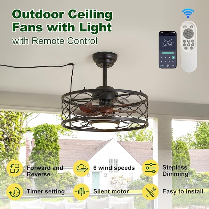 Outdoor Ceiling Fan with Lights, 20" Gazebo Fan IP65 Waterproof Caged Ceiling Fan with Dimmable LED, Industrial Plug in