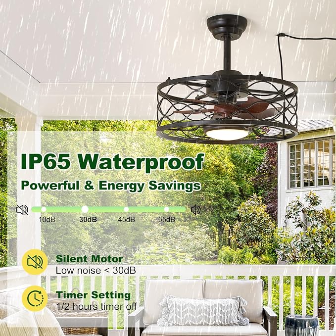 Outdoor Ceiling Fan with Lights, 20" Gazebo Fan IP65 Waterproof Caged Ceiling Fan with Dimmable LED, Industrial Plug in