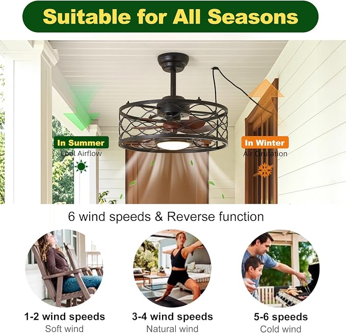 Outdoor Ceiling Fan with Lights, 20" Gazebo Fan IP65 Waterproof Caged Ceiling Fan with Dimmable LED, Industrial Plug in