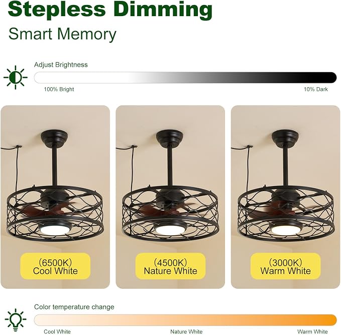 Outdoor Ceiling Fan with Lights, 20" Gazebo Fan IP65 Waterproof Caged Ceiling Fan with Dimmable LED, Industrial Plug in