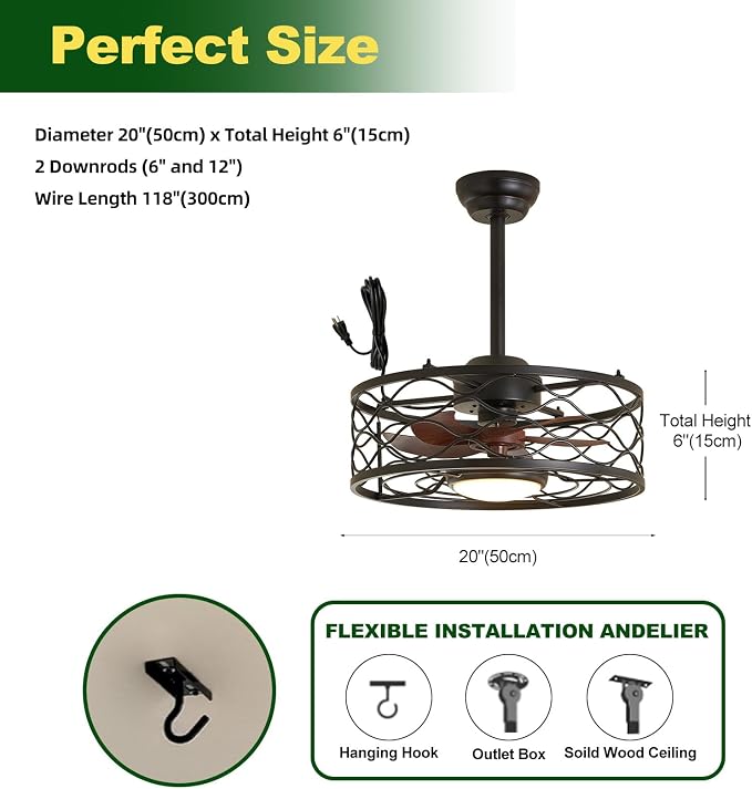 Outdoor Ceiling Fan with Lights, 20" Gazebo Fan IP65 Waterproof Caged Ceiling Fan with Dimmable LED, Industrial Plug in