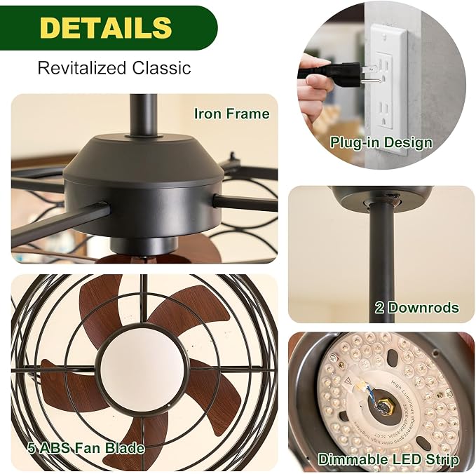 Outdoor Ceiling Fan with Lights, 20" Gazebo Fan IP65 Waterproof Caged Ceiling Fan with Dimmable LED, Industrial Plug in