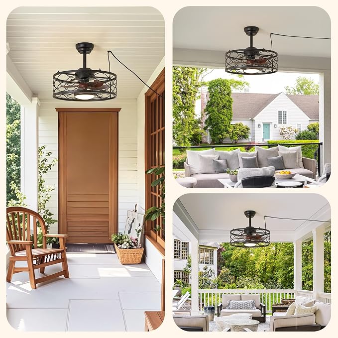 Outdoor Ceiling Fan with Lights, 20" Gazebo Fan IP65 Waterproof Caged Ceiling Fan with Dimmable LED, Industrial Plug in