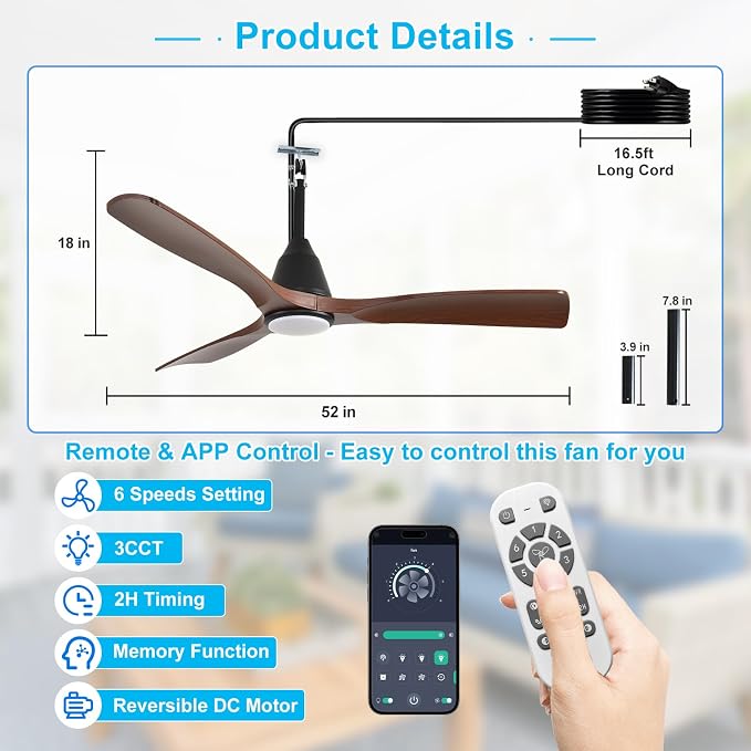 Outdoor Ceiling Fan with Lights: 52" Black Gazebo Fans Outdoor Hanging with Remote APP Control - Plug in Waterproof Fans with