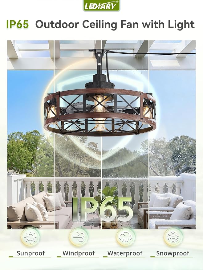 Outdoor Ceiling Fan with Lights for Patios- 22" Waterproof Plug in Gazebo Fan with Remote Control&Timer, 6-Speed Reversible