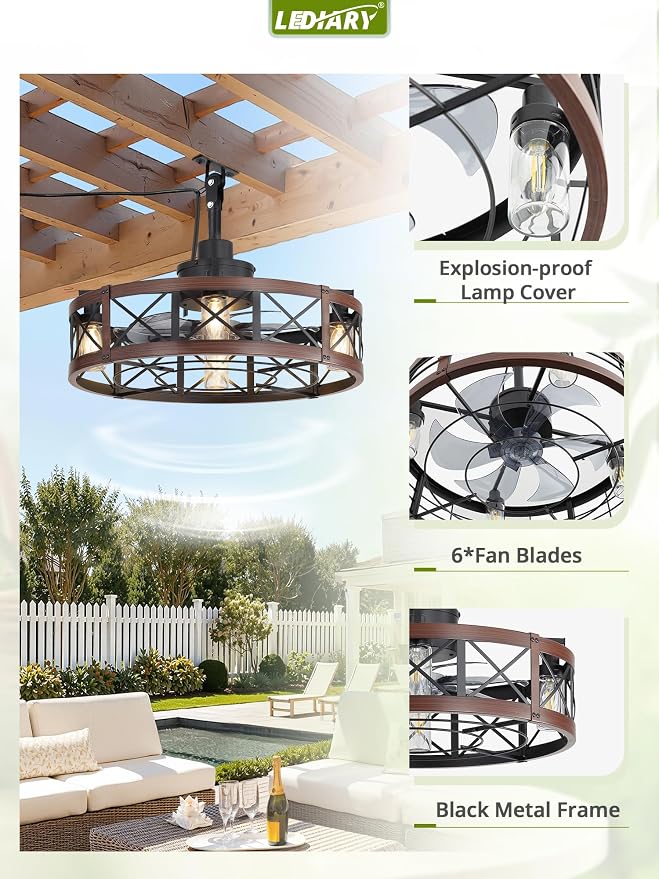 Outdoor Ceiling Fan with Lights for Patios- 22" Waterproof Plug in Gazebo Fan with Remote Control&Timer, 6-Speed Reversible