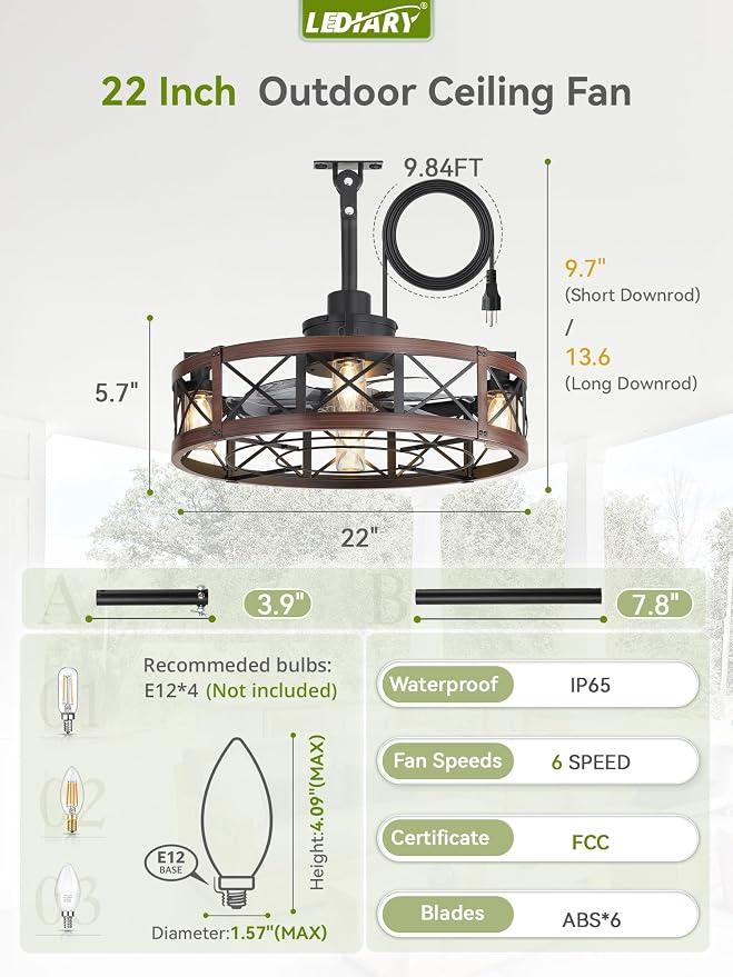 Outdoor Ceiling Fan with Lights for Patios- 22" Waterproof Plug in Gazebo Fan with Remote Control&Timer, 6-Speed Reversible