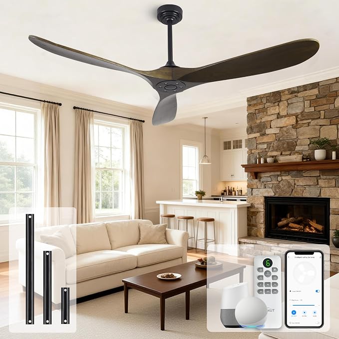 Outdoor Ceiling Fan Without Light, 60 Inch Smart Ceiling Fan with Remote & Voice Control for Alexa/Google, 3-Blade Wood Fan