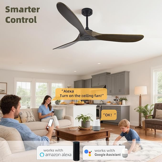 Outdoor Ceiling Fan Without Light, 60 Inch Smart Ceiling Fan with Remote & Voice Control for Alexa/Google, 3-Blade Wood Fan