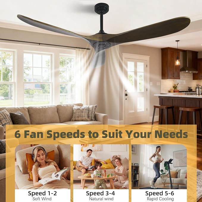 Outdoor Ceiling Fan Without Light, 60 Inch Smart Ceiling Fan with Remote & Voice Control for Alexa/Google, 3-Blade Wood Fan