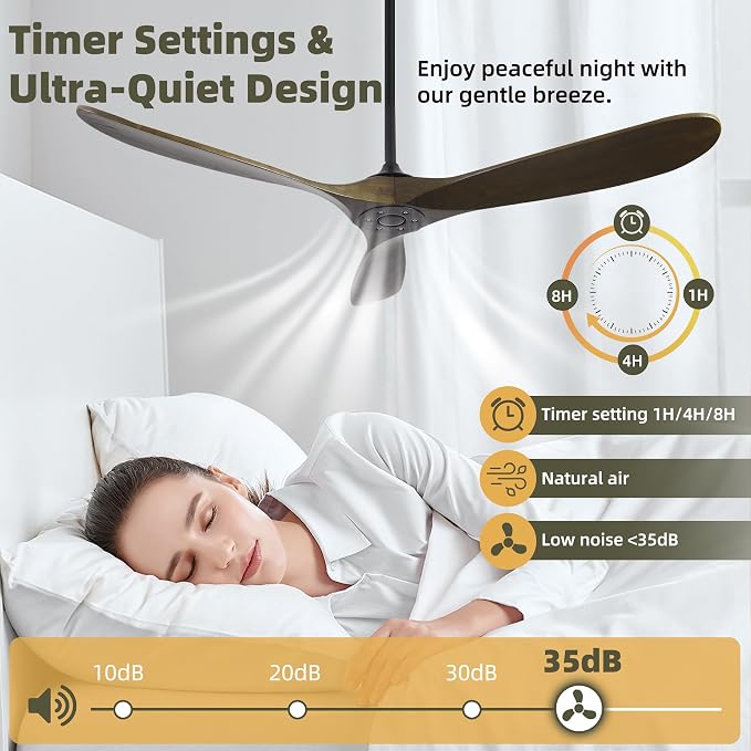 Outdoor Ceiling Fan Without Light, 60 Inch Smart Ceiling Fan with Remote & Voice Control for Alexa/Google, 3-Blade Wood Fan