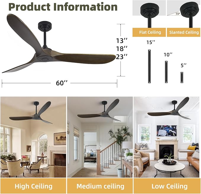 Outdoor Ceiling Fan Without Light, 60 Inch Smart Ceiling Fan with Remote & Voice Control for Alexa/Google, 3-Blade Wood Fan