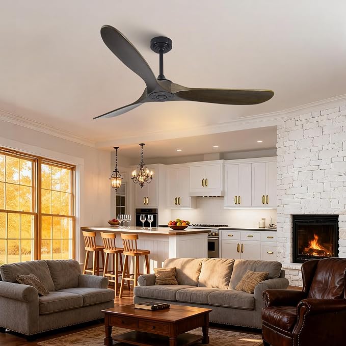 Outdoor Ceiling Fan Without Light, 60 Inch Smart Ceiling Fan with Remote & Voice Control for Alexa/Google, 3-Blade Wood Fan