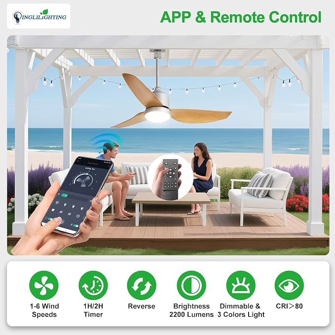 Outdoor Ceiling Fans for Patios: 42" Plug in Ceiling Fans with Lights for Gazebo - Waterproof Hanging Fan with, alternate