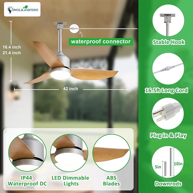 Outdoor Ceiling Fans for Patios: 42" Plug in Ceiling Fans with Lights for Gazebo - Waterproof Hanging Fan with, alternate