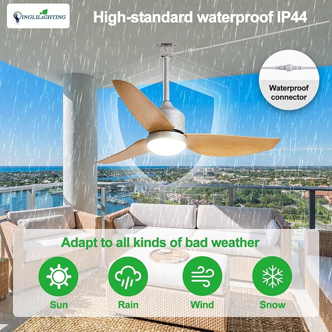 Outdoor Ceiling Fans for Patios: 42" Plug in Ceiling Fans with Lights for Gazebo - Waterproof Hanging Fan with, alternate