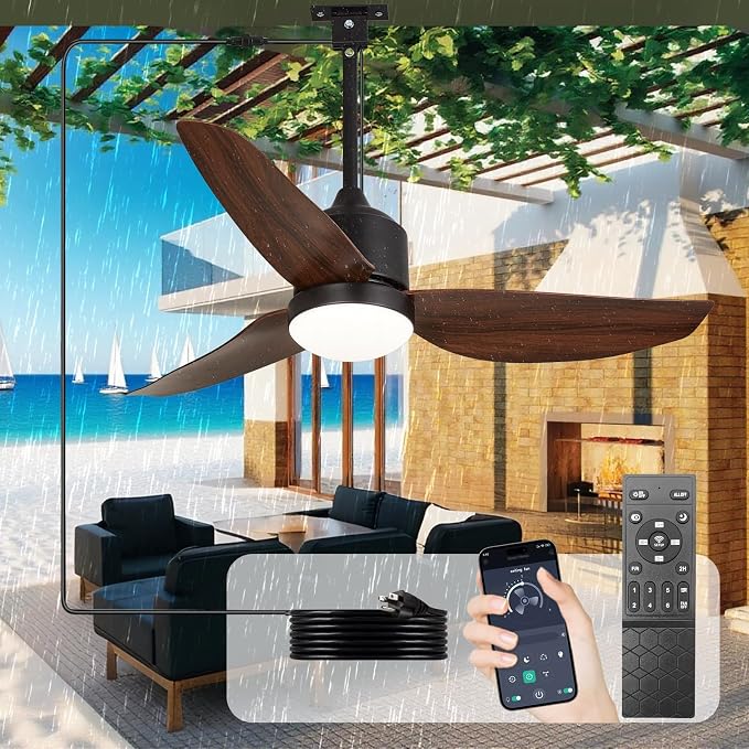 Outdoor Ceiling Fans for Patios: 42" Walnut Plug in Ceiling Fans with Lights for Gazebo - Waterproof Hanging Fan with Remote