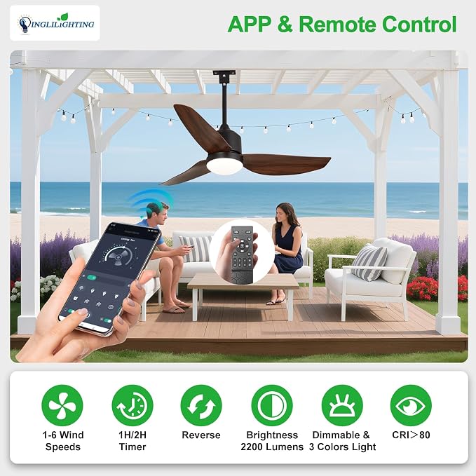Outdoor Ceiling Fans for Patios: 42" Walnut Plug in Ceiling Fans with Lights for Gazebo - Waterproof Hanging Fan with Remote
