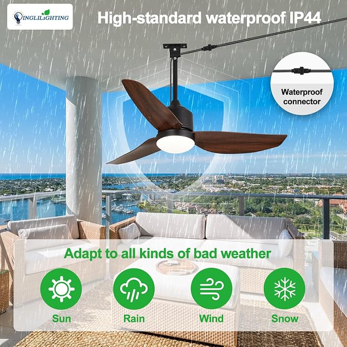 Outdoor Ceiling Fans for Patios: 42" Walnut Plug in Ceiling Fans with Lights for Gazebo - Waterproof Hanging Fan with Remote