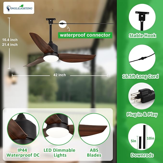 Outdoor Ceiling Fans for Patios: 42" Walnut Plug in Ceiling Fans with Lights for Gazebo - Waterproof Hanging Fan with Remote