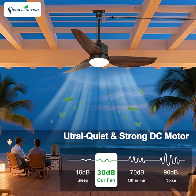 Outdoor Ceiling Fans for Patios: 42" Walnut Plug in Ceiling Fans with Lights for Gazebo - Waterproof Hanging Fan with Remote