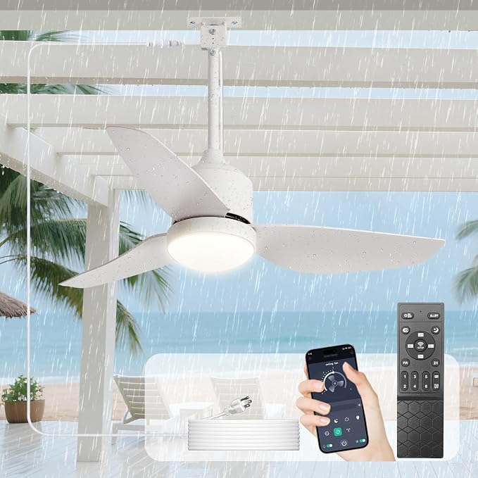 Outdoor Ceiling Fans for Patios: 42" White Plug in Ceiling Fans with Lights for Gazebo - Waterproof Hanging Fan