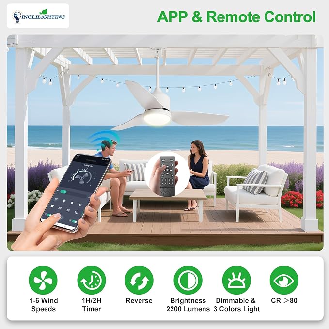 Outdoor Ceiling Fans for Patios: 42" White Plug in Ceiling Fans with Lights for Gazebo - Waterproof Hanging Fan, alternate