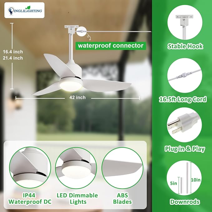 Outdoor Ceiling Fans for Patios: 42" White Plug in Ceiling Fans with Lights for Gazebo - Waterproof Hanging Fan, alternate