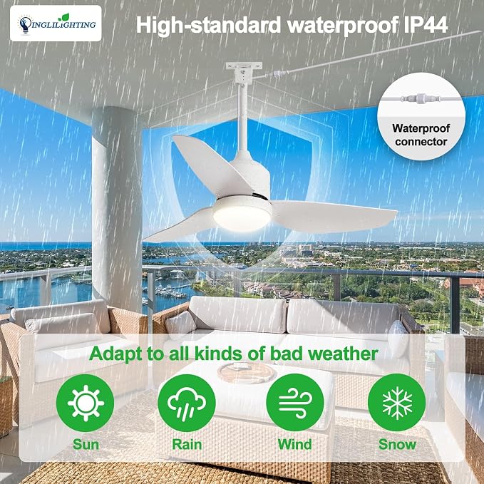 Outdoor Ceiling Fans for Patios: 42" White Plug in Ceiling Fans with Lights for Gazebo - Waterproof Hanging Fan, alternate
