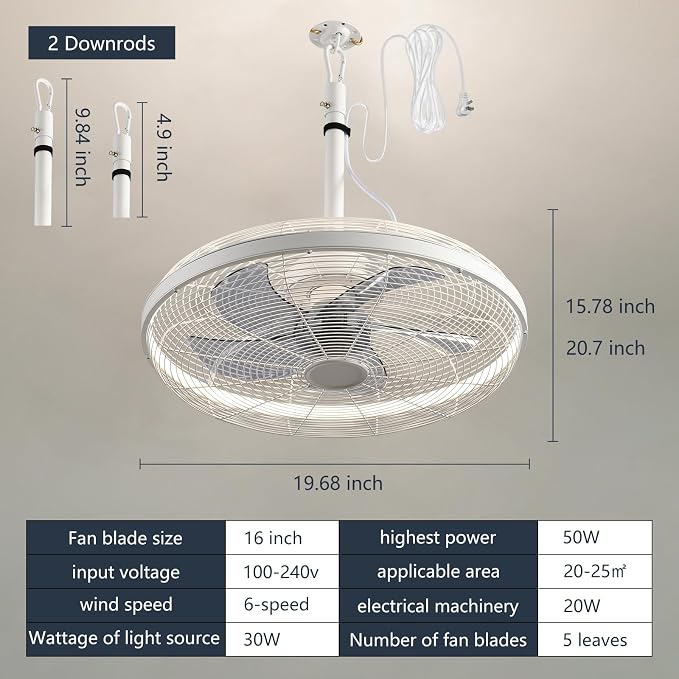 Outdoor Ceiling Fans with Lights, 20'' Gazebo Fan, Plug in Ceiling Fan for Patios, Pergola, Ceiling Fan with Remote Control