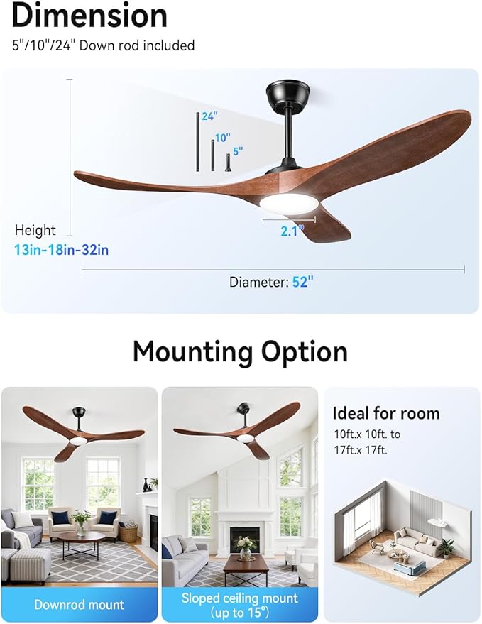 Outdoor Ceiling Fans with Lights 52 Inch, 3 Downrods, Remote Control, Indoor 3 Blade Wood Walnut Fan, DC Motor, alternate